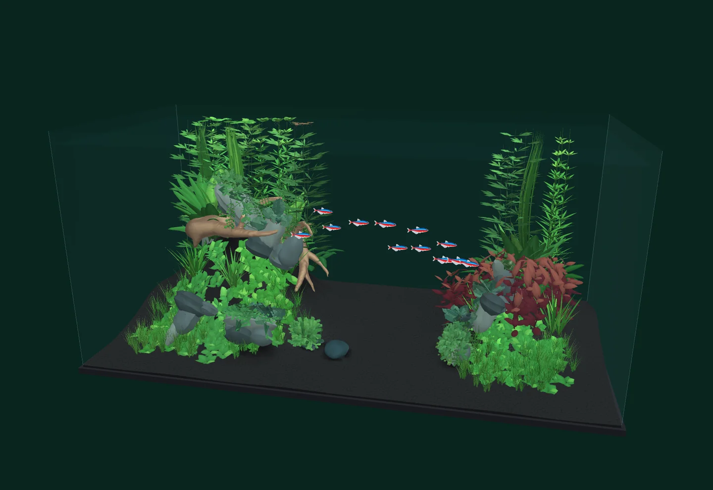 An in-engine preview of a lush aquarium with green and red plant groups, layered rocks, and an open swimming channel.